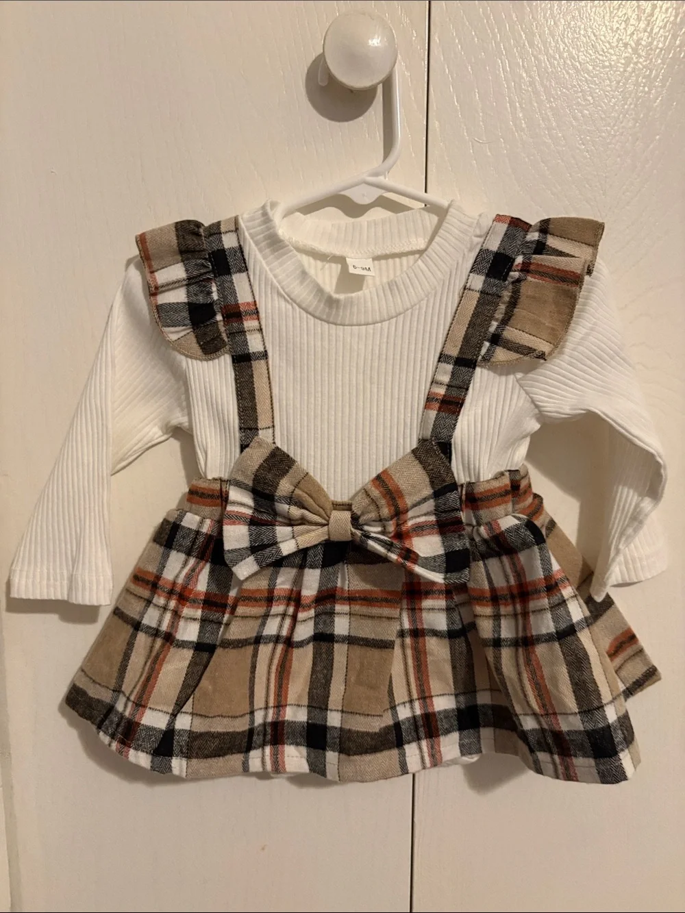 Plaid Bow Suspender Dress with White Ribbed Top - Beige Plaid